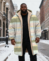 Big & Tall Men's Green Stripe Printed Velvet Thickened Long Hooded Coat